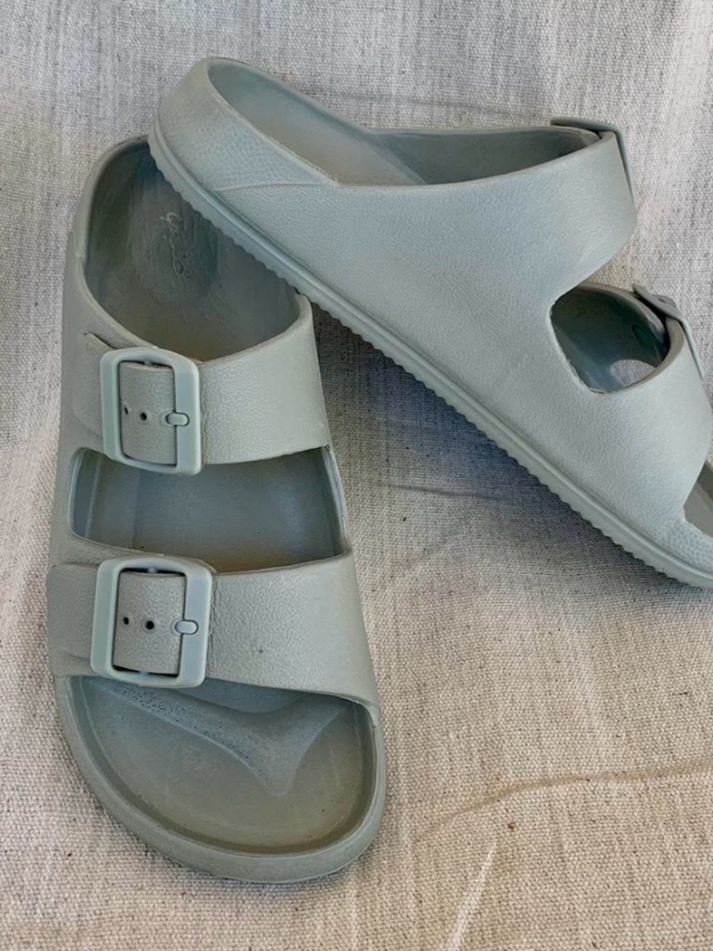 Two-Buckle Slide Sandals in Pale Sage